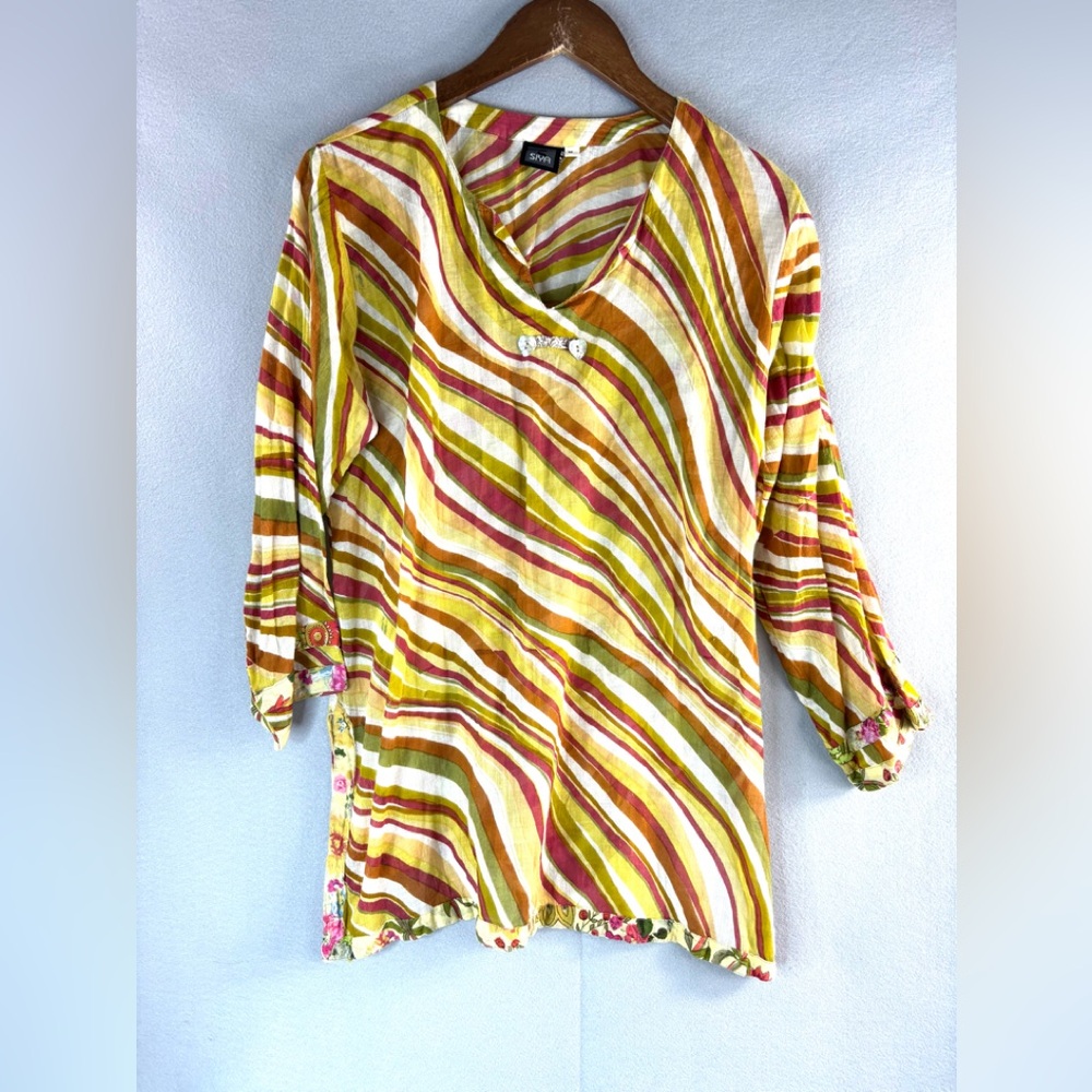 Siya M Boho 70s Linen Colorful Striped Tunic Top in Earthtones w Floral Trim